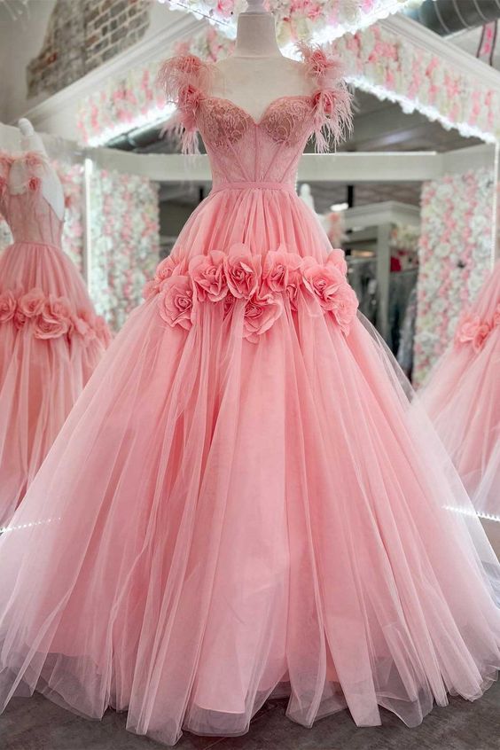 Pink Feather Lace Sweetheart Ball Gown Prom Dress with 3D Floral Lace P1177s mysite