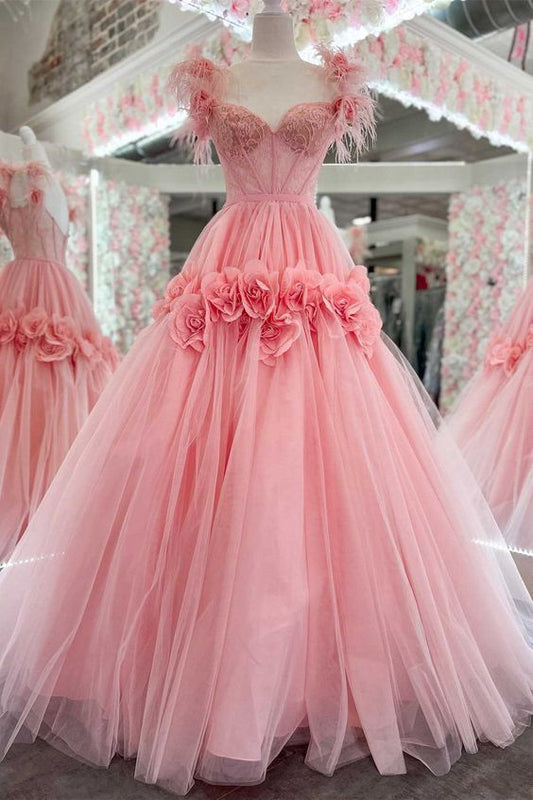 Pink Feather Lace Sweetheart Ball Gown Prom Dress with 3D Floral Lace P1177s mysite