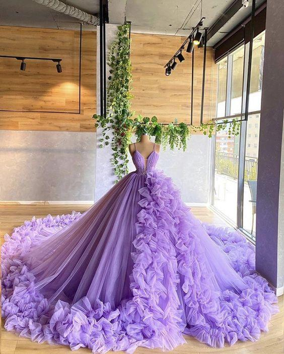 Purple gorgeous fashion V-neck beaded long tulle floor-length trailing ball gown prom dress evening gown wedding dress gh1803s mysite
