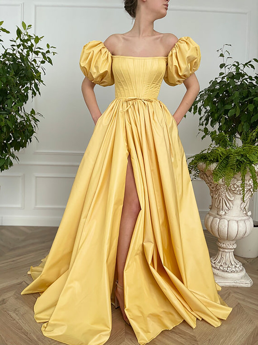 Vintage Fairy Corset Dress, A line Straight Long Yellow Taffeta Prom Dress Ball Gown, Short Sleeve Wedding Ball Gown Prom Dress with Slit gh2420s mysite