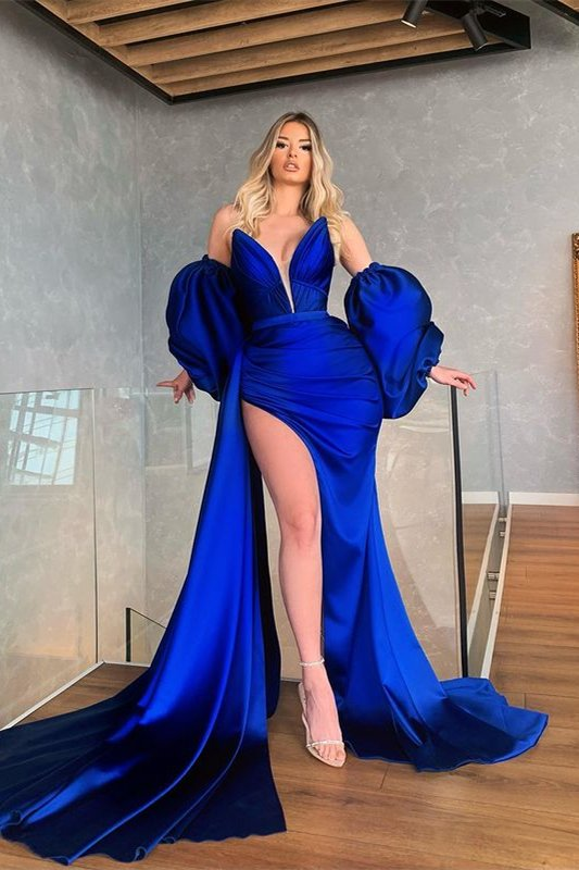 Stunning royal blue detachable sleeves long mermaid ball gown prom dress evening gown with slits gh2000s mysite