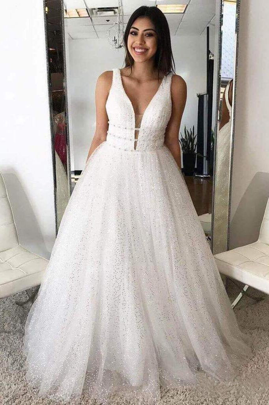 A Line Deep V Neck Ball Gown Prom Dresses Open Back White Evening Dresses gh2139s mysite