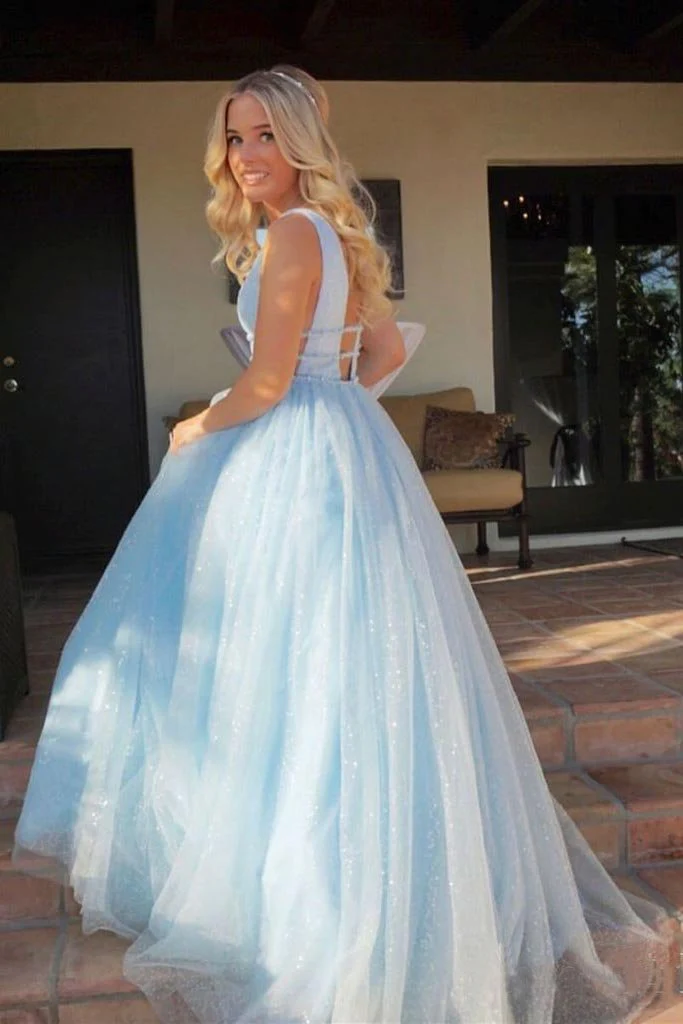 A Line Deep V Neck Ball Gown Prom Dresses Open Back White Evening Dresses gh2139s mysite
