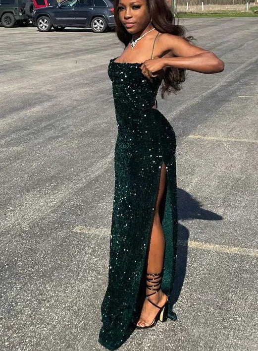 Dark green shiny elegant mermaid sequins long slit sexy ball gown prom dress evening dress 22nd birthday outfit party dress gh2986s mysite