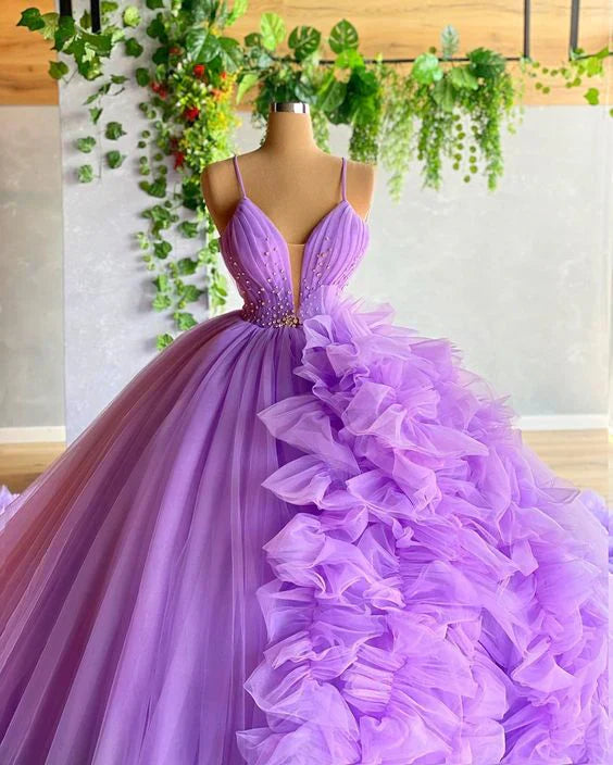 Purple gorgeous fashion V-neck beaded long tulle floor-length trailing ball gown prom dress evening gown wedding dress gh1803s mysite