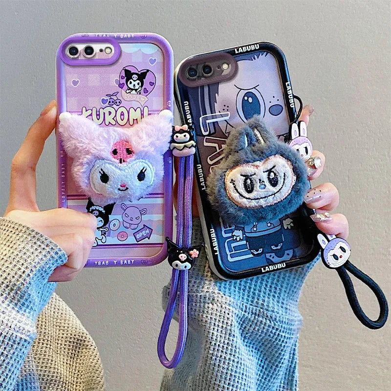 3D Cartoon Labubu Fur Phone Case for Samsung With Strap Plush Kuromi Toy Soft Covers mysite