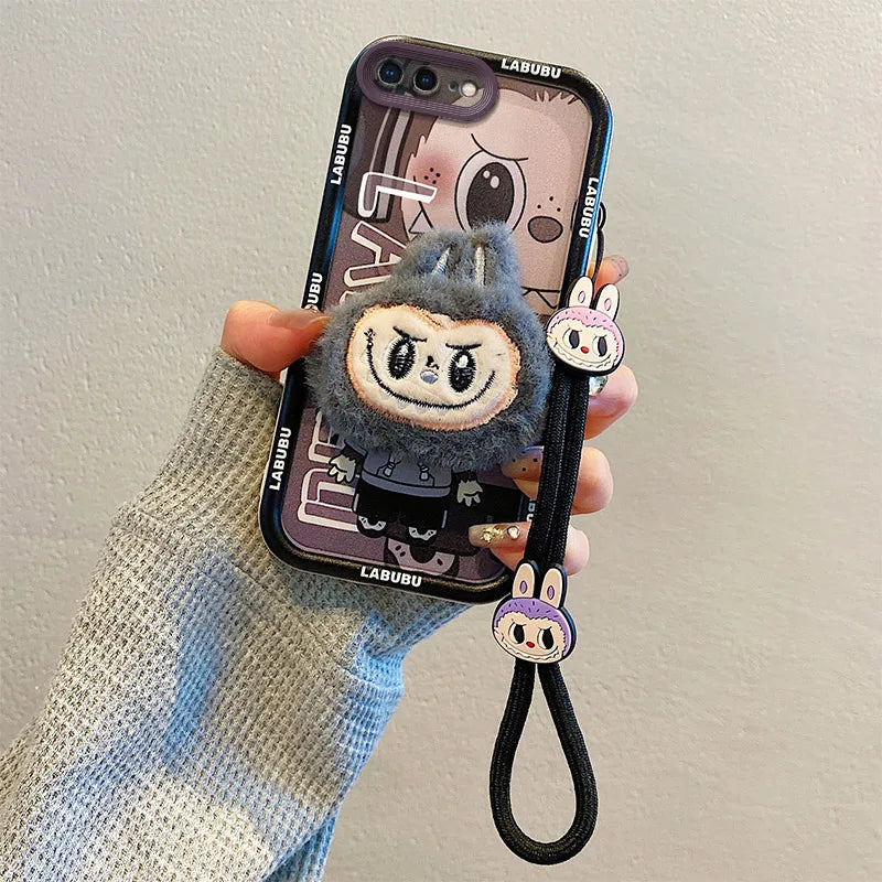 3D Cartoon Labubu Fur Phone Case for Samsung With Strap Plush Kuromi Toy Soft Covers mysite