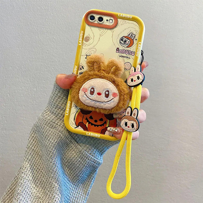 3D Cartoon Labubu Fur Phone Case for Samsung With Strap Plush Kuromi Toy Soft Covers mysite