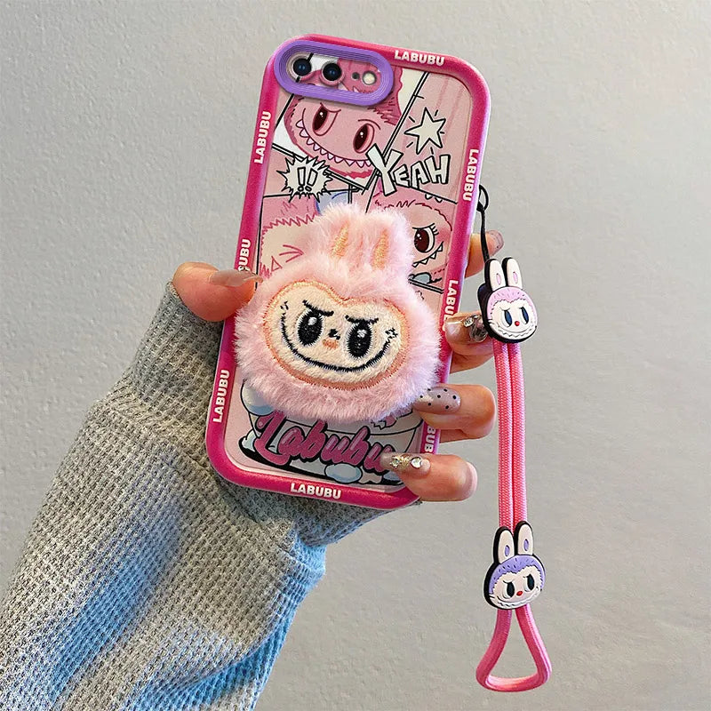 3D Cartoon Labubu Fur Phone Case for Samsung With Strap Plush Kuromi Toy Soft Covers mysite