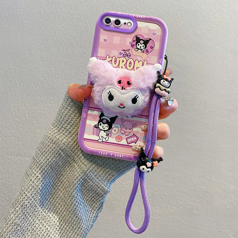 3D Cartoon Labubu Fur Phone Case for Samsung With Strap Plush Kuromi Toy Soft Covers mysite