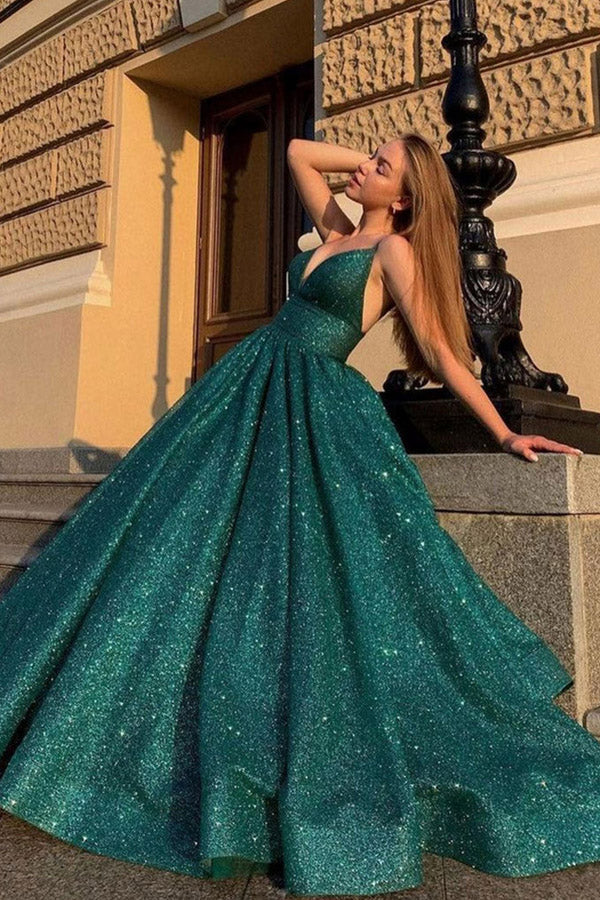 Shiny V Neck Ball Gown Prom Dress Green Evening Dress WP442s mysite