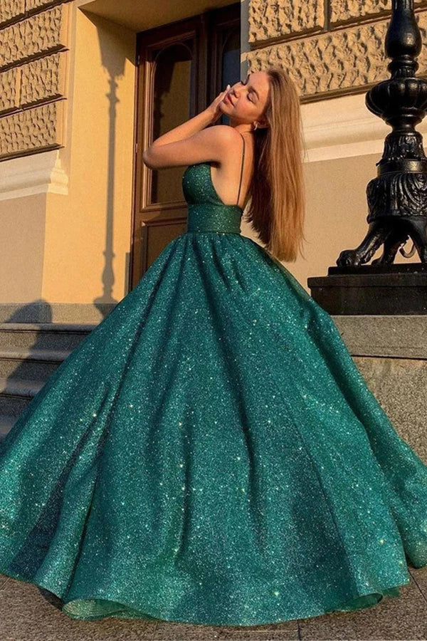 Shiny V Neck Ball Gown Prom Dress Green Evening Dress WP442s mysite
