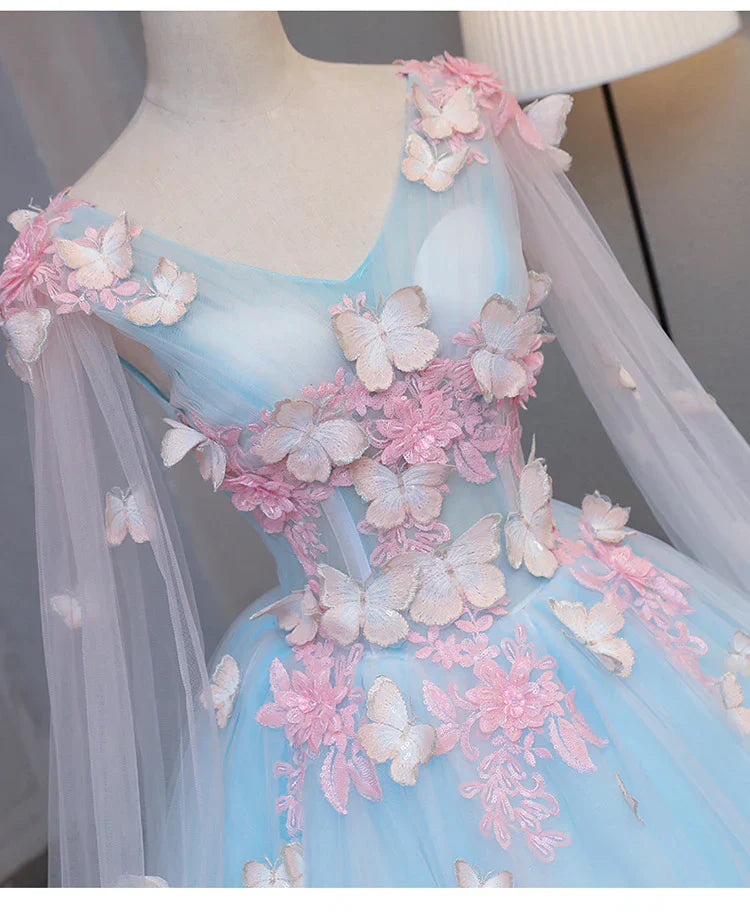 Cute Blue Fairy Butterfly Lace Ball Gown Prom Dress, Sweet 16 Party Dress TP1311s mysite
