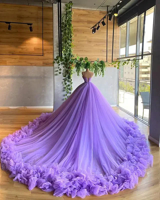 Purple gorgeous fashion V-neck beaded long tulle floor-length trailing ball gown prom dress evening gown wedding dress gh1803s mysite
