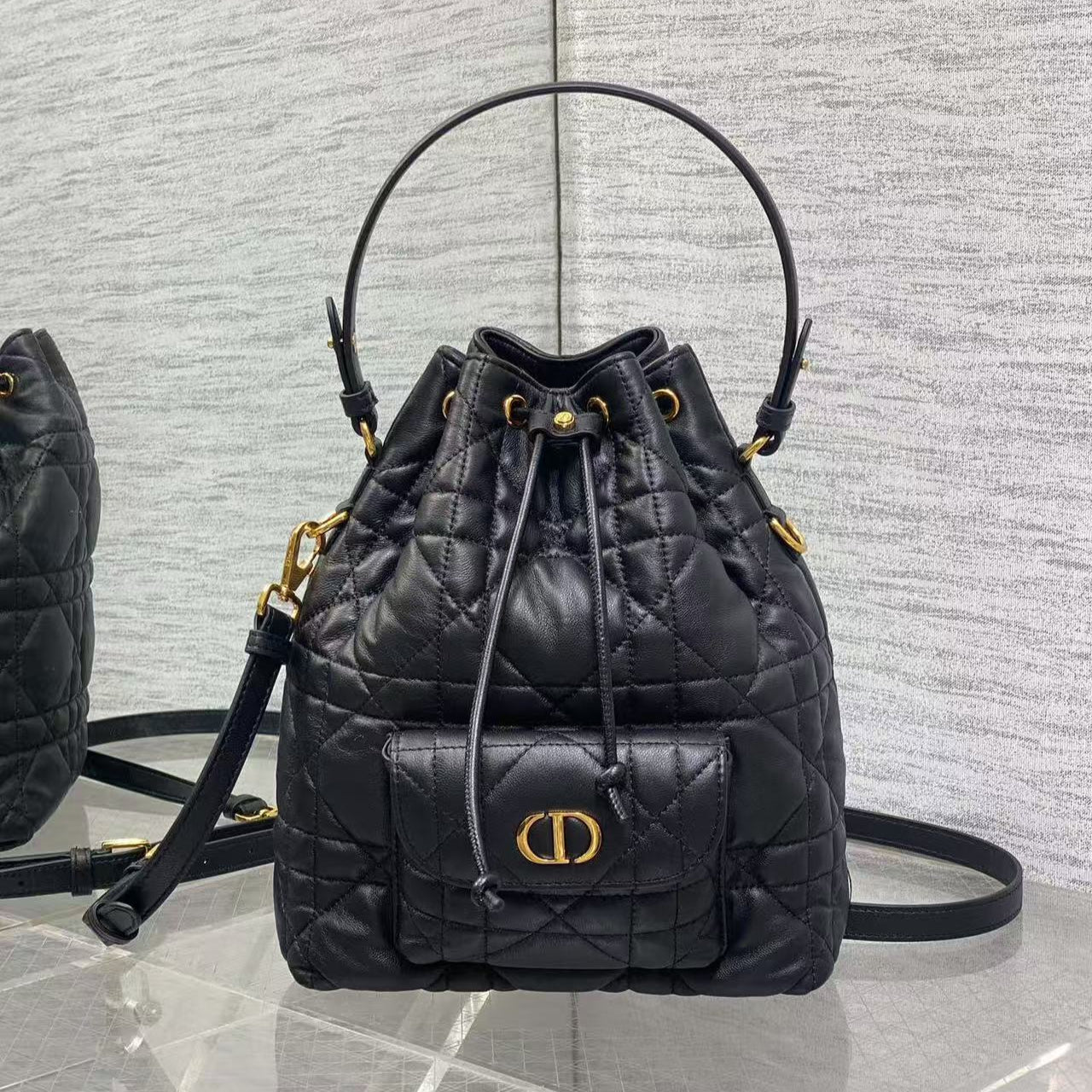 CD Caro Macrocannage Small Bucket Bag Black Lambskin mysite