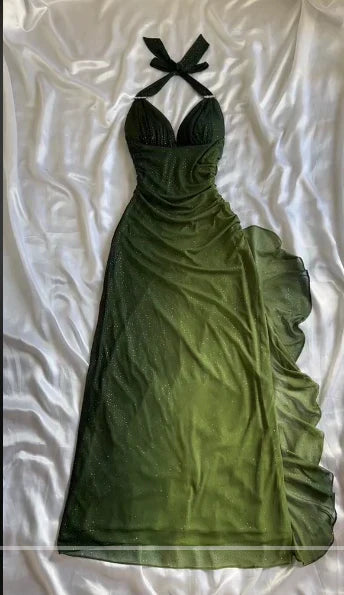 Shiny Green Gradient Long Chiffon Ball Gown Prom Dress Celebrity Dressess mysite