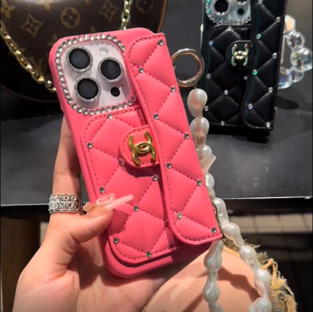 Luxury Wallet iPhone Case with Handle/Pearl Chain mysite