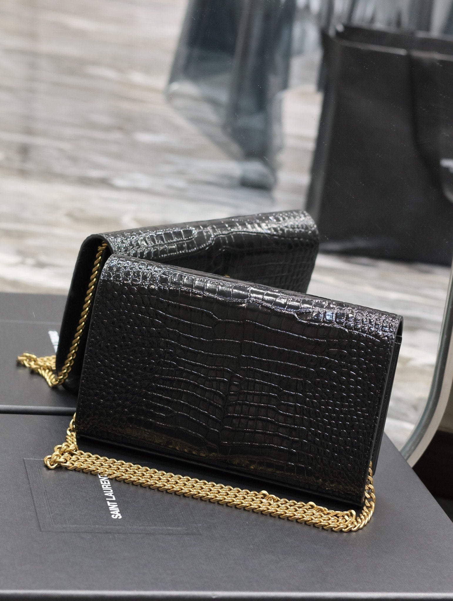 YSL Kate Croc Embossed BLack Gold Hardware - 23x14x3cm mysite