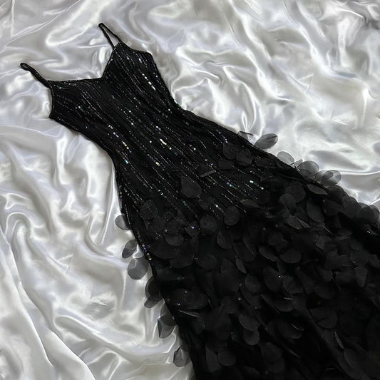 Black shiny elegant spaghetti strap sequined long ball gown prom dress evening dress party dress gh3142s mysite