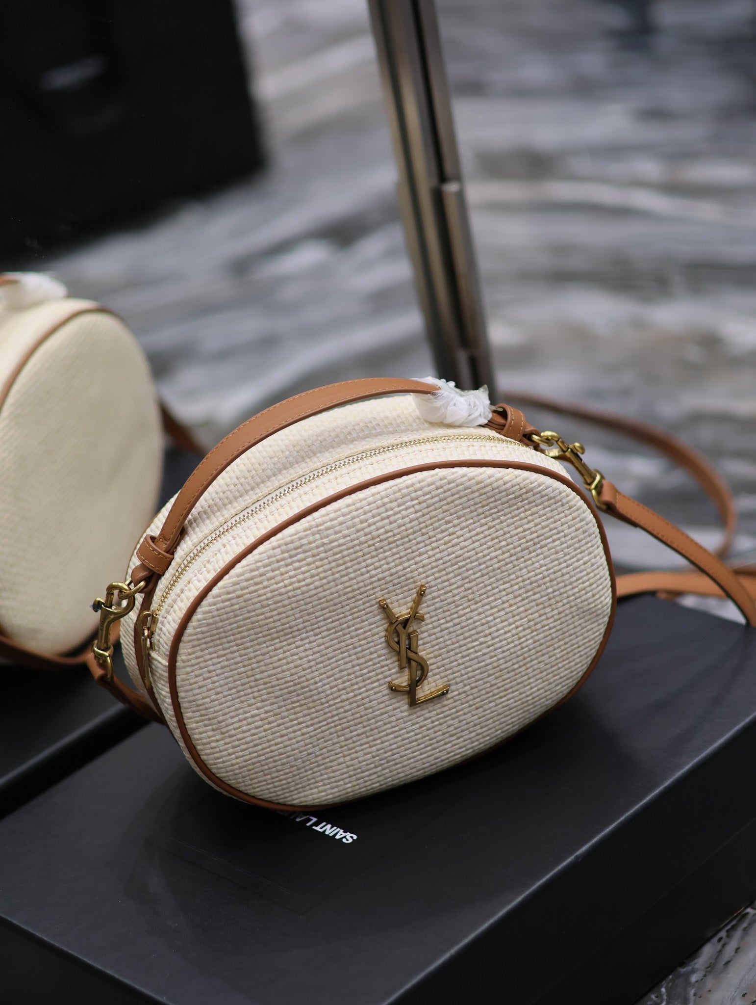 YSL Leather-trimmed raffia shoulder bag - 22¡Á16.5¡Á6cm mysite
