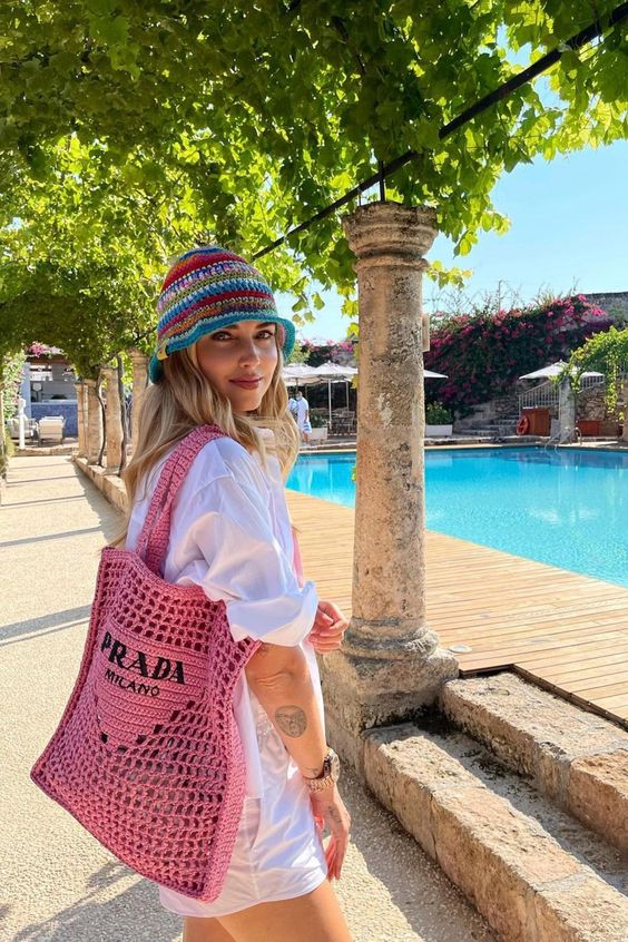 Prada Women's Natural Crochet Tote Bag-Pink mysite