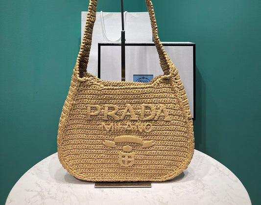 Prada Raffia Round Tote - 30x24x4.5cm mysite