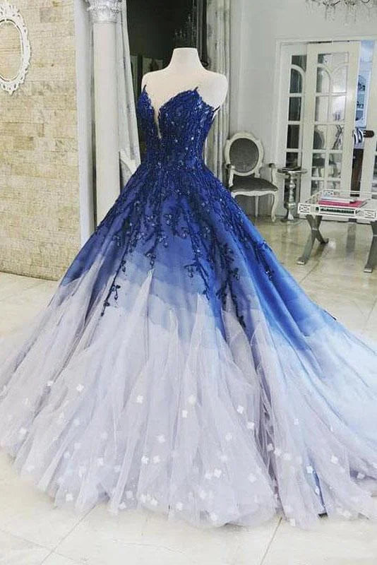 Blue Shiny Elegant V-Neck Applique Gradient Long Ball Gown Prom Dress Evening Dress Adult Ceremony Dress gh3104s mysite