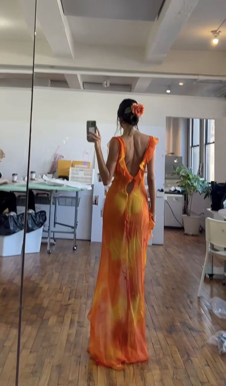 Orange Fashion Gradient Spaghetti Strap Long Ruffle Elegant Chiffon Ball Gown prom dress Evening Dress Holiday Party Dress gh3319s mysite