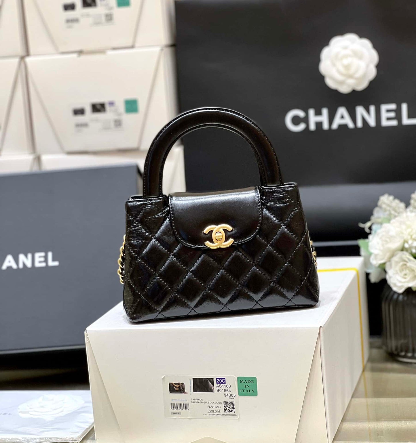 Chanel Kelly Mini Shopping Bag Mini 23K Shiny Aged Calfskin Black 13x19x7cm mysite