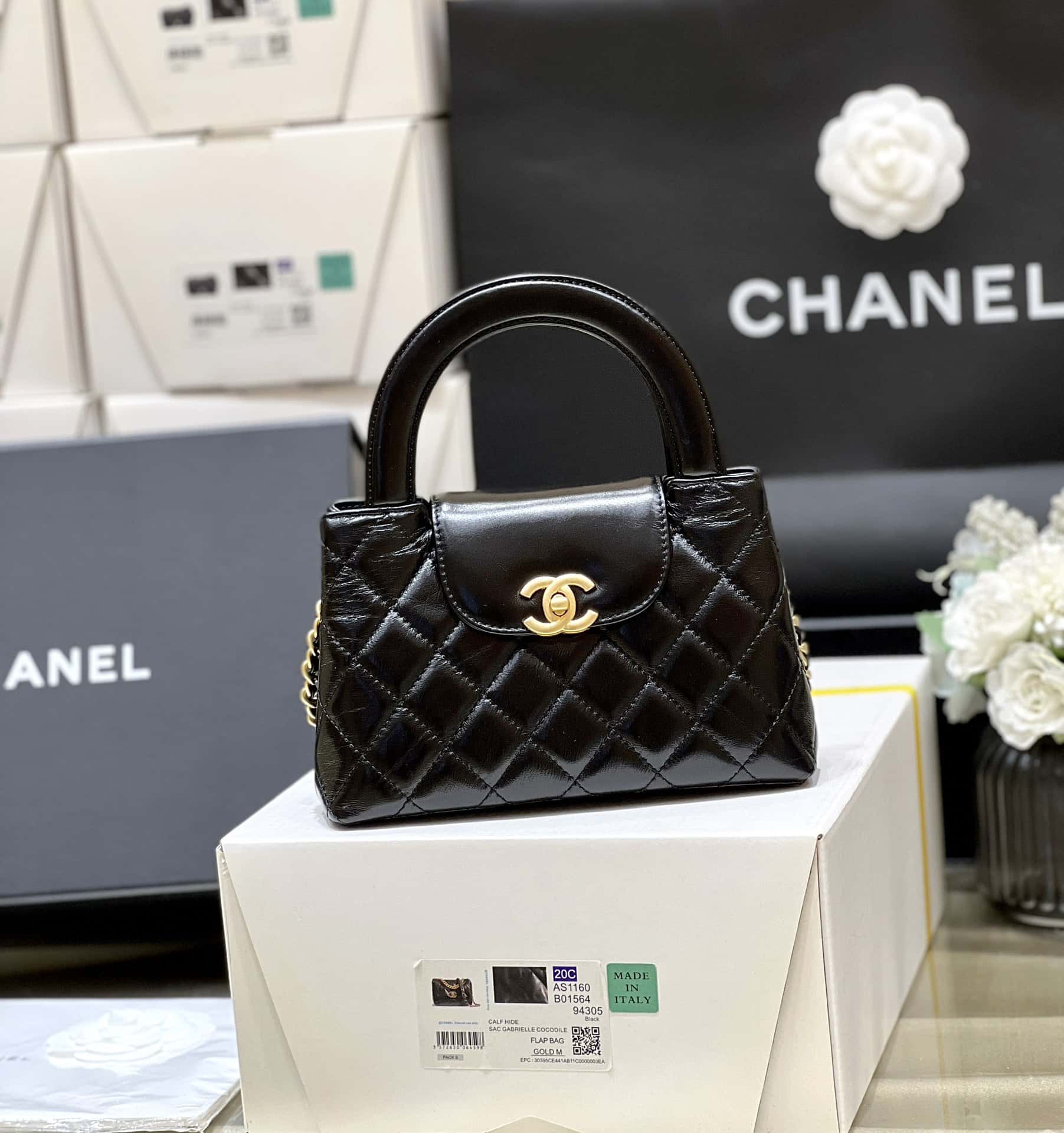Chanel Kelly Mini Shopping Bag Mini 23K Shiny Aged Calfskin Black 13x19x7cm mysite
