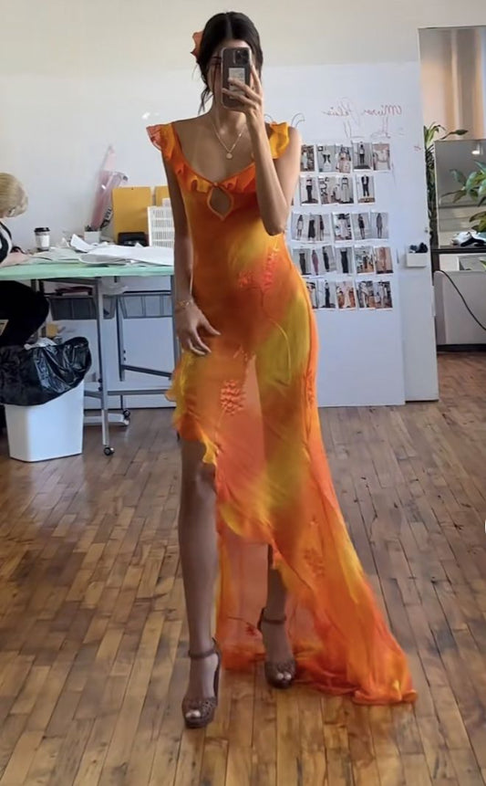 Orange Fashion Gradient Spaghetti Strap Long Ruffle Elegant Chiffon Ball Gown prom dress Evening Dress Holiday Party Dress gh3319s mysite