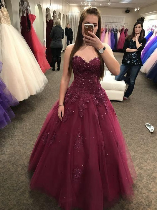 Cute Burgundy Sleeveless Tulle Sweetheart Ball Gown Prom Dresses    cg10749s mysite