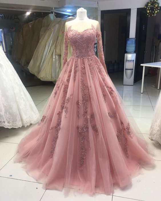 Fashion Tulle Long Sleeve Pink Appliques Quinceanera Ball Gown Prom Dress, Wedding Party Dress  cg10767s mysite