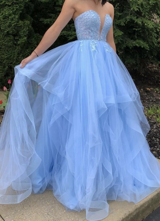 Blue strapless tulle lace long ball gown prom dress   cg11463s mysite
