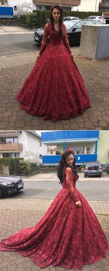 Long Sleeve Lace Burgundy Ball Gown Prom Dress, Formal Quinceanera Dress   cg12582s mysite
