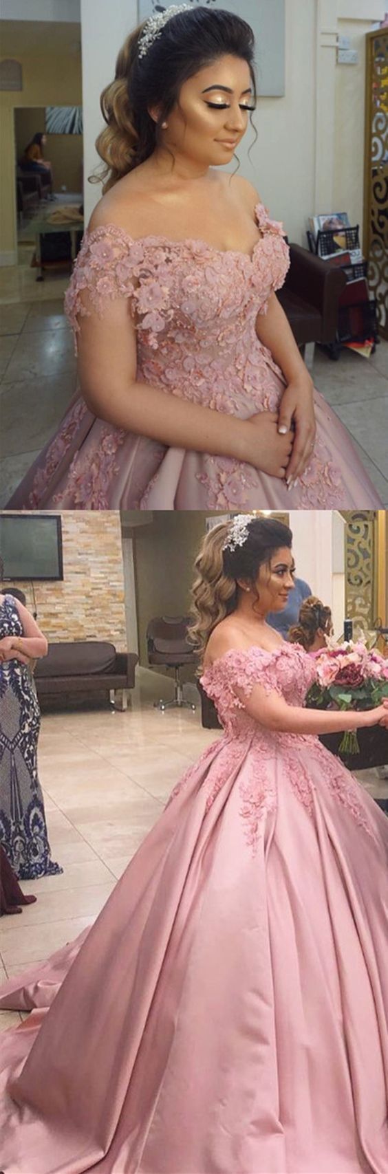 Charming Off Shoulder Pink Appliques Ball Gown Prom Dress   cg13171s mysite