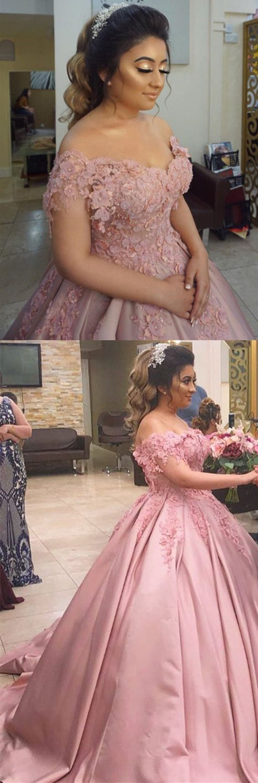 Charming Off Shoulder Pink Appliques Ball Gown Prom Dress   cg13171s mysite