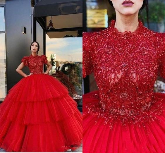 red ball gown prom dresses lace appliqué beaded short sleeve elegant tiered luxury prom gowns   cg17562s mysite