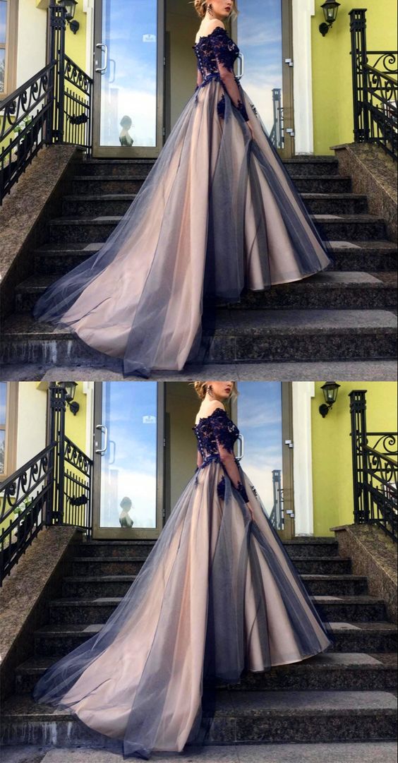 Elegant navy and nude tulle ball gown prom dresses lace long sleeves off the shoulder for sweet 16   cg19862s mysite