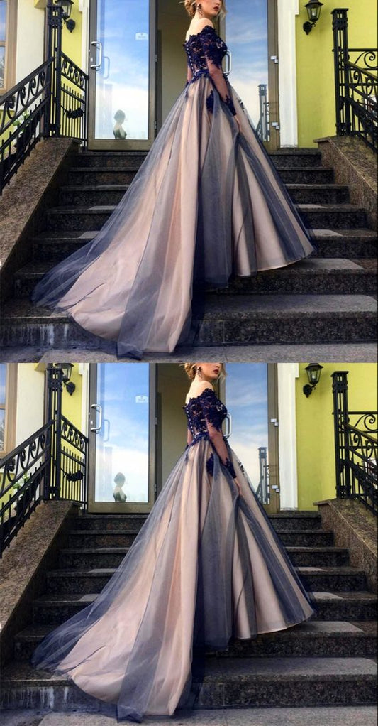 Elegant navy and nude tulle ball gown prom dresses lace long sleeves off the shoulder for sweet 16   cg19862s mysite