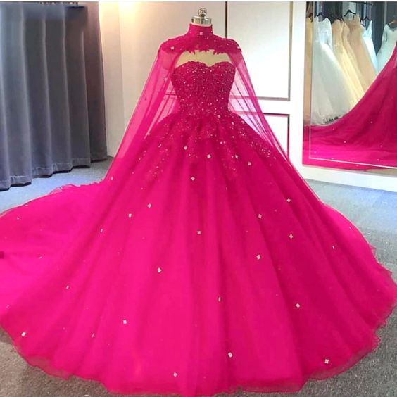 Hot Pink Detachable Cape Quinceanera Sweet 16 Ball Gown Prom Dress    cg20065s mysite