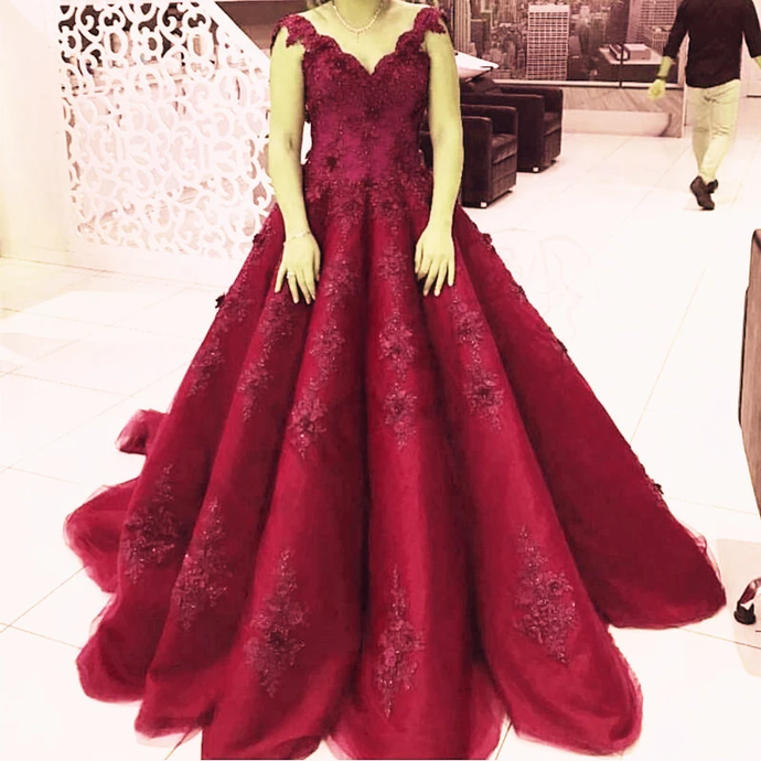 ball gown prom dresses Elegant Lace Straps V Neck Tulle Burgundy Wedding Dresses Ball Gowns   cg20167s mysite