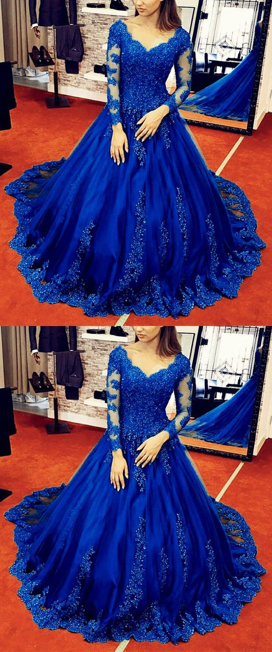 Stunning Royal Blue Lace Long Sleeves Ball Gown Prom Dresses For Wedding Party    cg22104s mysite