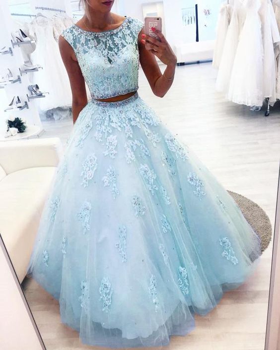 New Arrival Blue Two Pieces Tulle Beaded Ball Gown Prom Dresses      cg22724s mysite
