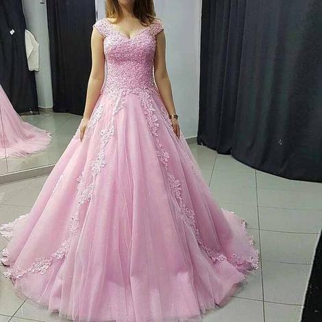 Princess Ball Gown Prom Dress Pink Tulle Cap Sleeve Wedding Party Dress With Lace Appliques            cg22899s mysite