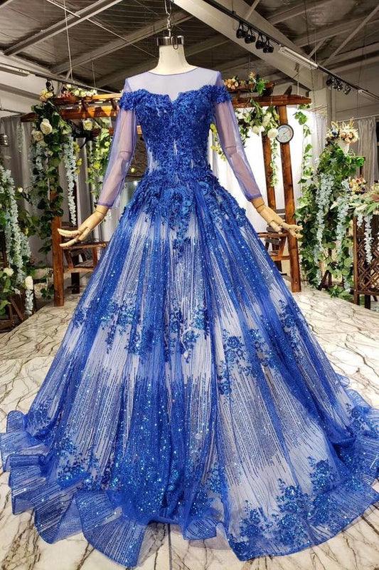 Charming Long Sleeve Round Neck Tulle Blue Beads Ball Gown Prom Dresses with Lace up  cg6554s mysite