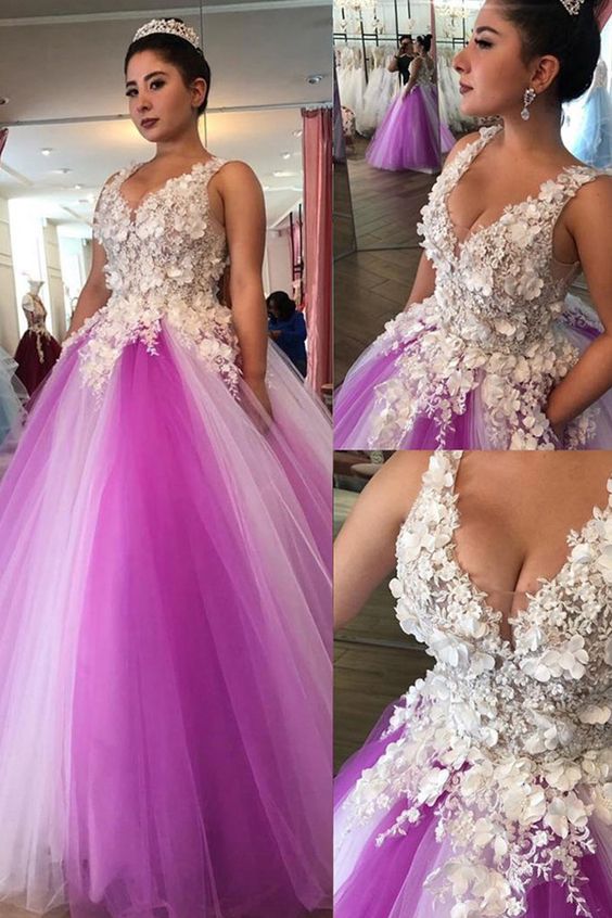 Fantastic Tulle V-neck Neckline Floor-length Ball Gown Prom Dresses With Lace Appliques & Beaded Handmade Flowers  cg6919s mysite