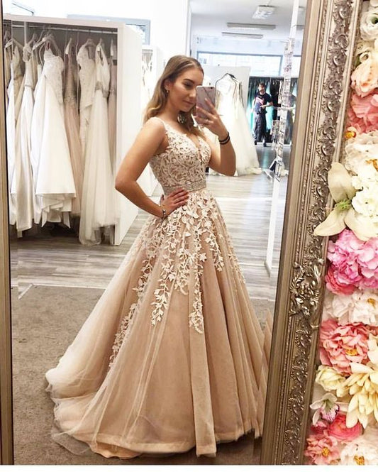 Elegant Lace Deep V Neck Tull Ball Gown Prom Dress, Appliques Evening Dress,Tulle Wedding Dress  cg8479s mysite
