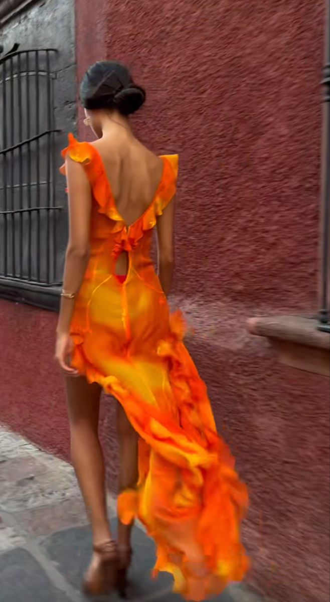 Orange Fashion Gradient Spaghetti Strap Long Ruffle Elegant Chiffon Ball Gown prom dress Evening Dress Holiday Party Dress gh3319s mysite