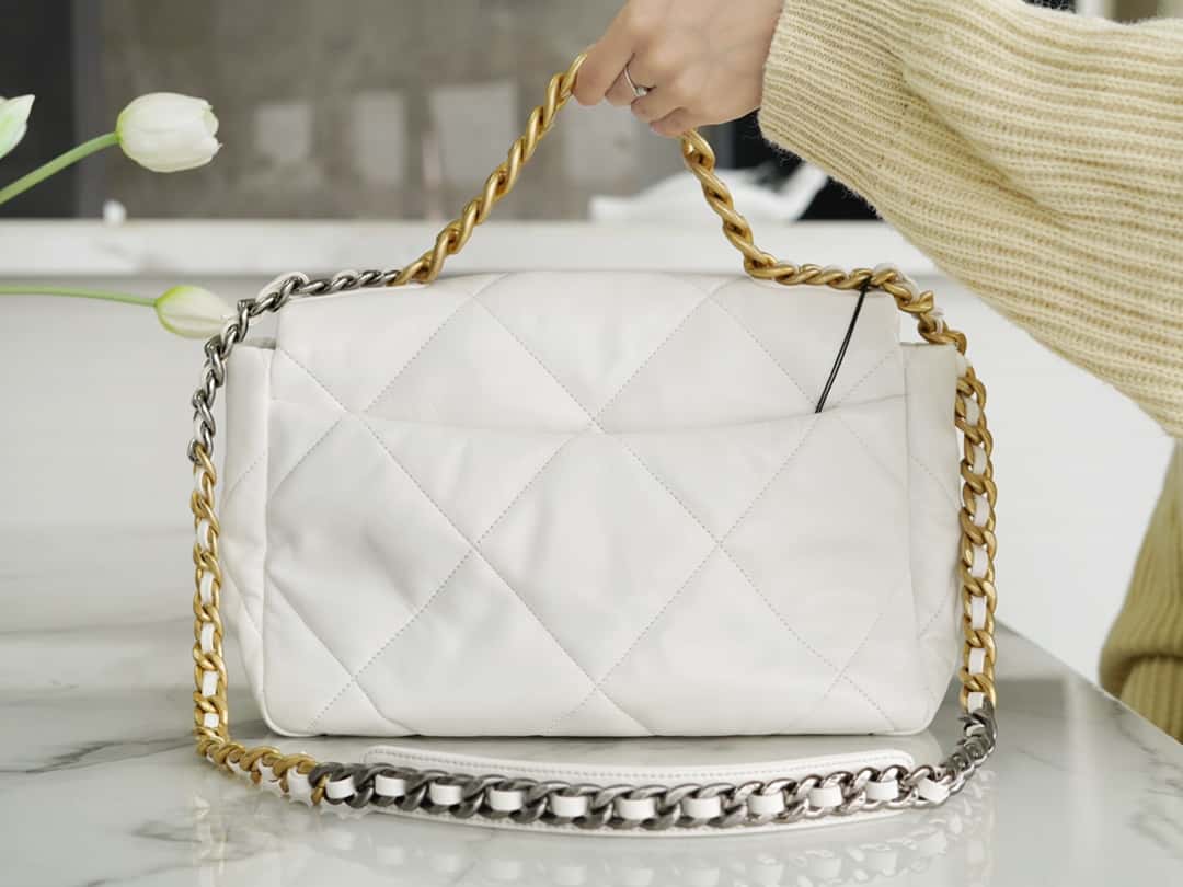 Chanel 19 Large Handbag Lambskin Gold AS1161 White mysite